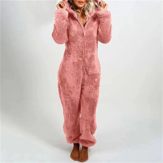 Women’s Thick Furry Hooded Jumpsuit – Warm One-Piece Loungewear