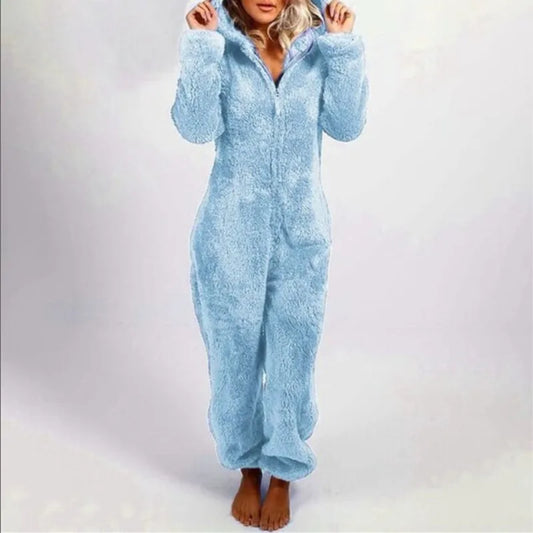 Women’s Thick Furry Hooded Jumpsuit – Warm One-Piece Loungewear